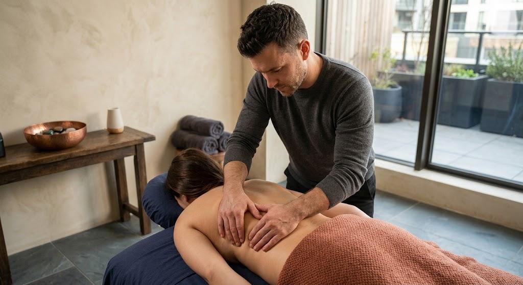 Registered massage therapist performing rib cage release technique to support diaphragm mobility