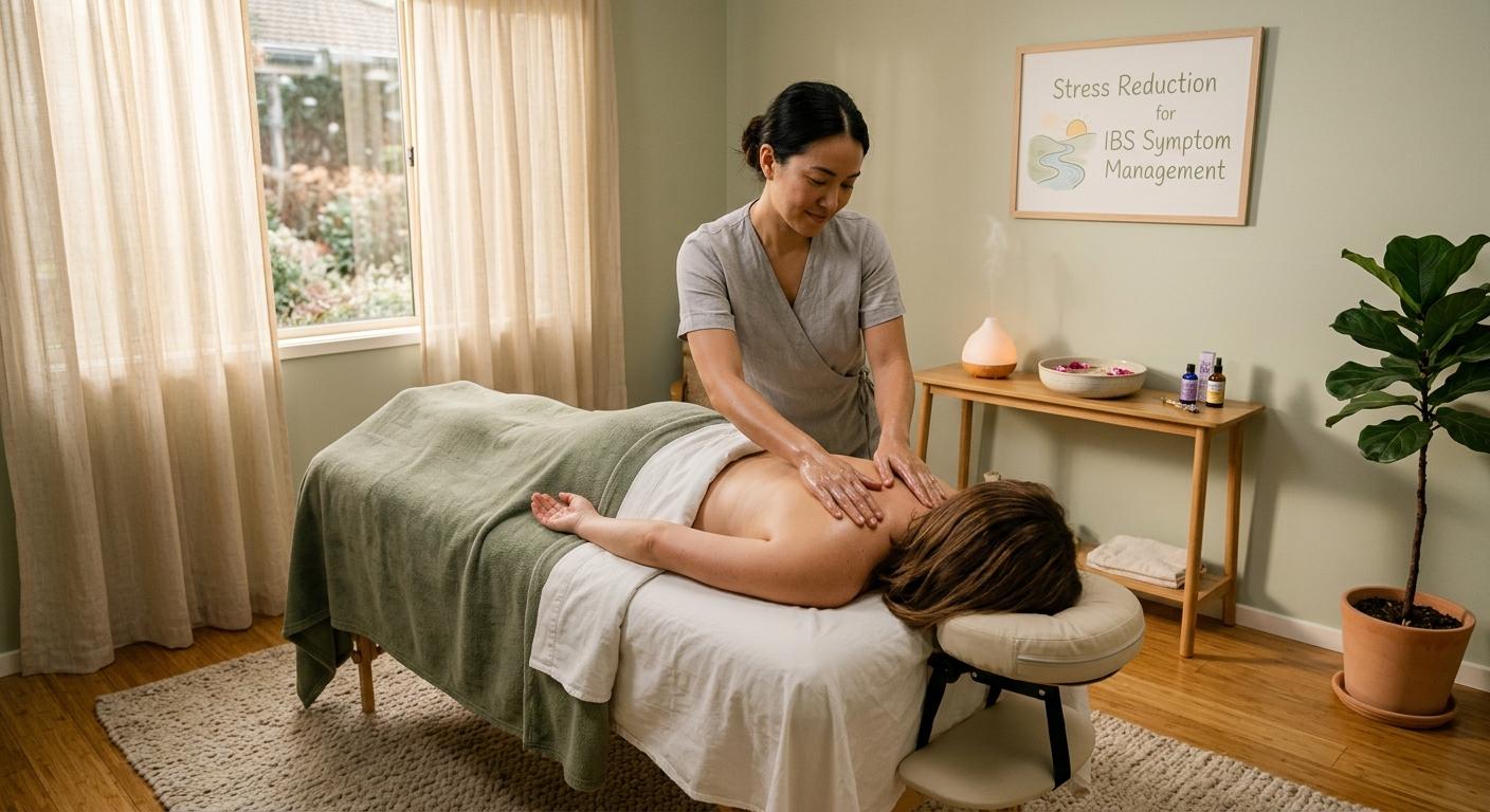 Calming massage therapy treatment room supporting stress reduction for IBS symptom management